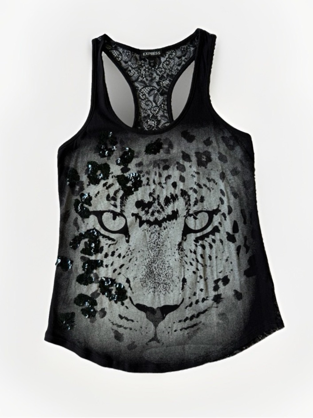 Express Leopard Graphic Tank Top Sequins Lace Racerback Y2K Indie Sleaze XS - Picture 2 of 12
